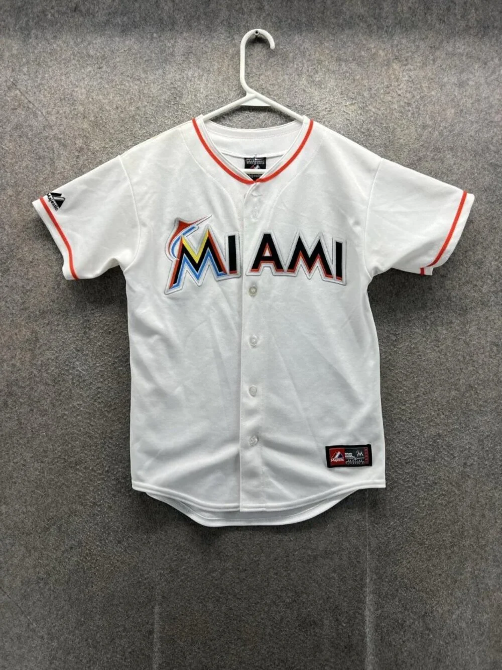 Miami Marlins Jersey Boys Large White MLB Baseball Majestic Button Front Youth